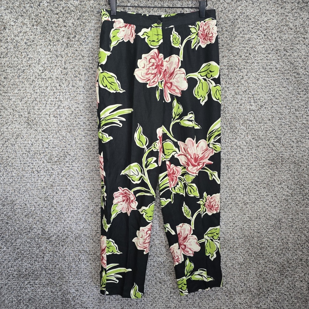 VTG Bob Mackie Pants Womens 8 Linen Blend Black Floral High Rise Zip Lined